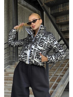 Modanı Seç Gümüş Siyah Yazılı Parlak Şişme Dik Yaka Fermuar Kapamalı Mont