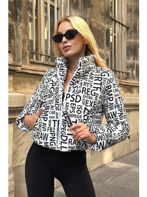 Modanı Seç Beyaz Siyah Yazılı Dik Yaka Kısa Şişme Mont