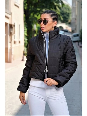 Modanı Seç Siyah Dik Yaka Su Geçirmez Kısa Şişme Mont