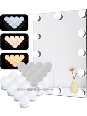 Twin Store® Nostalji Hollywood Tarzı 10LU Makyaj Masası Aynası Beyaz LED Işıklı Lamba USB