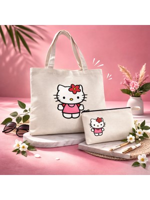Middles & Niddles Collection Sevimli Kedi Baskılı Bez Çanta & Fermuarlı Cüzdan Set – Kanvas Tote Bag Günlük Omuz Çantası