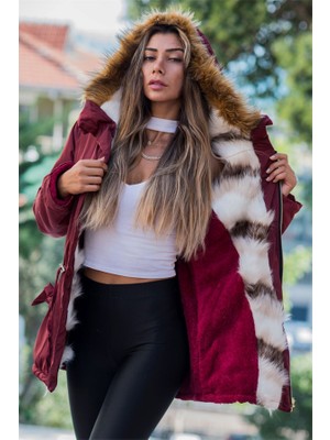 Modanı Seç Bordo Su Geçirmez Içi Kürklü Kürk Kapüşonlu Mont