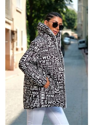 Modanı Seç Siyah Beyaz Yazılı Dik Yaka Uzun Şişme Mont