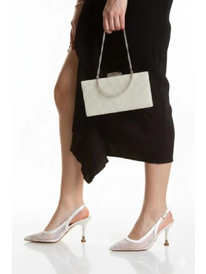 MFT Ayakkabı Kadın Sedef Taşlı Şeffaf Fileli Abiye Ayakkabı ve Çanta Takımı