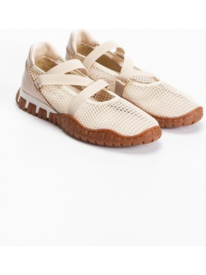 MFT Ayakkabı Kadın Bej Fileli Ortopedik Taban Cırtlı Babet Spor Ayakkabı