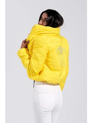 Modanı Seç Sarı Sırtı Taş Baskılı Dik Yaka Kısa Şişme Mont