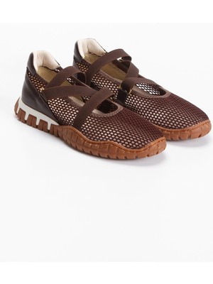 MFT Ayakkabı Kadın Kahverengi Fileli Ortopedik Taban Cırtlı Babet Spor Ayakkabı