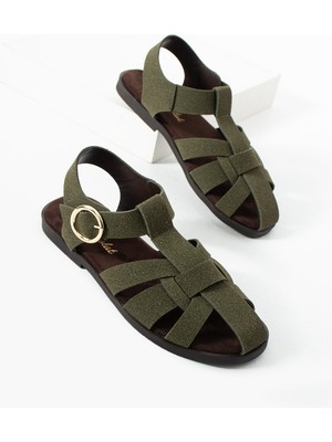 Dicle Polat Kadın Haki Yeşil Süet Tokalı Bantlı Sandalet – Düz Taban Rahat Günlük Yazlık Kadın Sandalet Vera