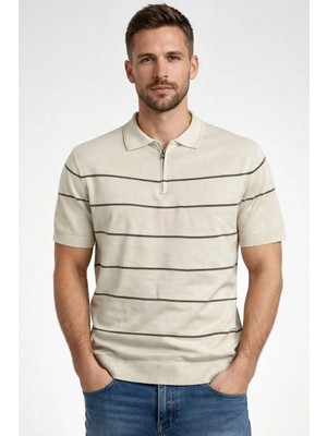 Tarz Yeri Erkek T-Shirt Çizgili Triko Dokuma Kumaş Polo Yaka Yarım Fermuarlı Regular Kalıp Tişört - Bej
