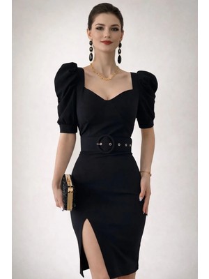 Kemer Detaylı Krep Kumaş Elbise