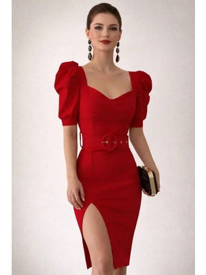 Kemer Detaylı Krep Kumaş Elbise