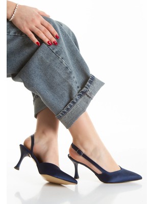 MFT Ayakkabı Kadın Sivri Burunlu Arkası Açık Ince Topuklu Stiletto Lacivert