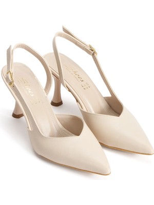 MFT Ayakkabı Kadın Sivri Burunlu Arkası Açık Ince Topuklu Stiletto Bej