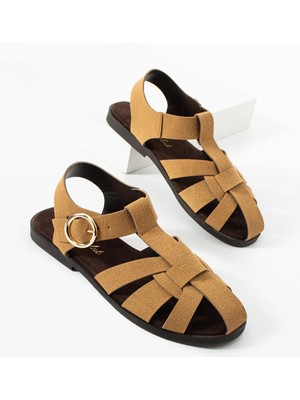 Dicle Polat Kadın Taba Süet Tokalı Bantlı Sandalet – Düz Taban Rahat Günlük Yazlık Kadın Sandalet Vera