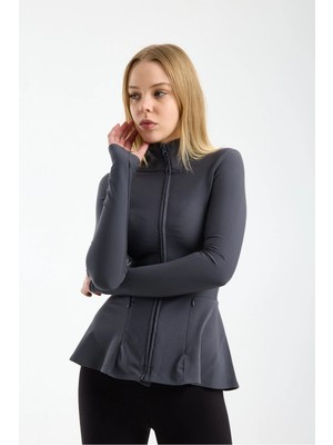 Win Moda Kadın Dik Yaka Tam Fermuarlı Spor Ceket – Volan Detaylı, Parmak Geçmeli | Xs-2xl