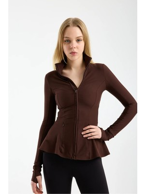 Win Moda Kadın Dik Yaka Tam Fermuarlı Spor Ceket – Volan Detaylı, Parmak Geçmeli | Xs-2xl