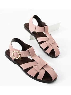 Dicle Polat Kadın Pudra Süet Tokalı Bantlı Sandalet – Düz Taban Rahat Günlük Yazlık Kadın Sandalet Vera
