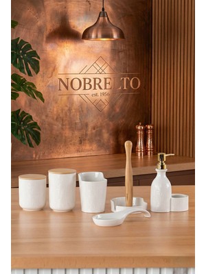 Nobrelto Karina 6 Parça Porselen Mutfak Seti - Bambu Detaylı Tezgah Üstü Düzenleyici Takımı