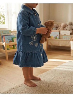 Dmb %100 Pamuk Bayramlık Kız Çocuk Kot Elbise Kalpli Pul Payetli Jean Elbise Düğmeli Şık Tasarım