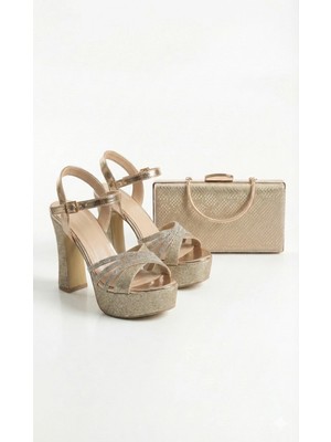 MFT Ayakkabı MFT Kadın Taşlı Platformlu Abiye Ayakkabı ve Çanta Takımı Suni Deri Neolit Taban