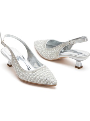MFT Ayakkabı Kadın Kısa Topuklu Incili Gelinlik Abiye Ayakkabı Gümüş