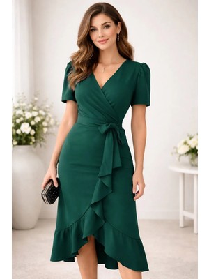 Allsisi Kruvaze Yaka Midi Boy Kuşaklı Krep Elbise