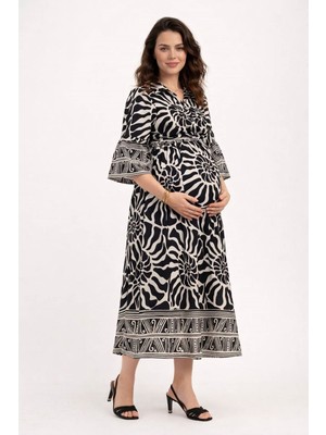 Park Moda %100 Pamuklu Kadın Kuşaklı ve Cepli Yazlık Siyah Hamile Gömlek Elbise