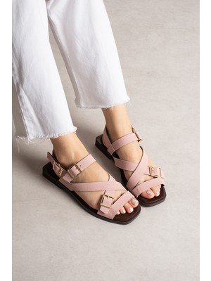 Dicle Polat Kadın Pudra Sürt Çapraz Bantlı Tokalı Sandalet – Düz Taban Rahat Günlük Yazlık Ayakkabı Olas