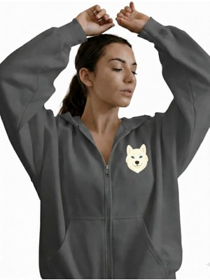 Muhtar Store Kadın Beyaz Husky Baskılı Oversize Fermuarlı Hoodie