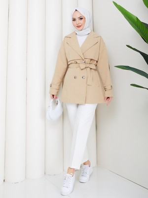Zennyamoda Kadın Keten Bej Kolu Düğmeli Kuşak Detaylı Trençkot