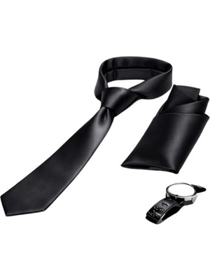 Unisex Düz Slim Fit Klasik Mendilli Saten Kravat