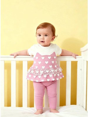 Efilix Pembe Kalp Desenli Dantel Detaylı Kız Bebek Taytlı 2’li Takım – Günlük Şık Kombin