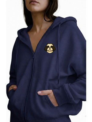 Muhtar Store Kadın Shih Tzu Baskılı Oversize Fermuarlı Hoodie