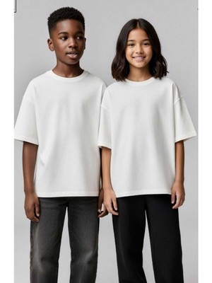 Alyakids Unisex Beyaz-Siyah Oversize Çocuk Tişört - %100 Pamuklu Bisiklet Yaka Basic Tshirt - Premium Penye