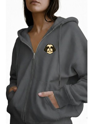 Muhtar Store Kadın Shih Tzu Baskılı Oversize Fermuarlı Hoodie