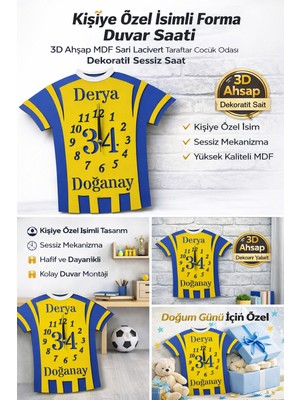 Kişiye Özel Fenerbahçe Isimli Forma Duvar Saati 3D Ahşap Mdf Taraftar Saat