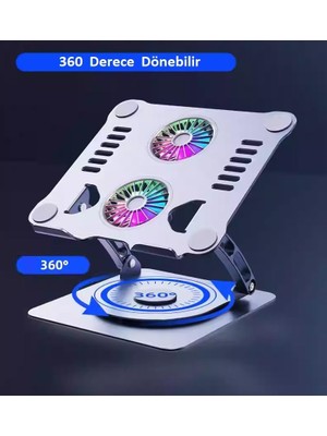 Pucutun Metal Laptop Standı 360 Derece Dönebilir Rgb Çift Fanlı Premium Serisi Notebook Tutucu Alüminyum Yükseltici 11-17 Inç