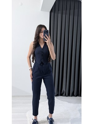 Seda Unlu Butik Bronde Likralı Pantalon ve Yelek Lacivert Takım