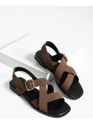 Dicle Polat Kadın Kahve Süet Sandalet Rahat Düz Taban Günlük Yazlık Çapraz Bant Tokalı Javen