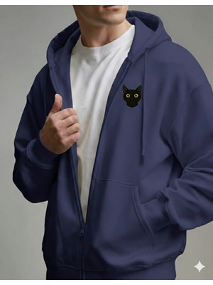 Muhtar Store Erkek Siyah Kedi Baskılı Oversize Fermuarlı Hoodie