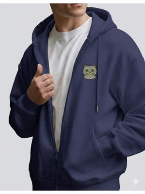 Muhtar Store Erkek Scottish Fold Baskılı Oversize Fermuarlı Hoodie