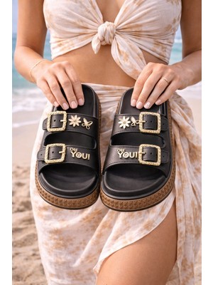 Slipcat Pastel Gold Altın Toka Detaylı Yüksek Taban Kadın Terlik Plaj Kumsal Havuz Terlik