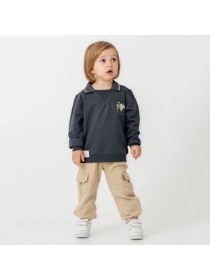 Bebeva Baby Erkek Çocuk Ride With Me Nakışlı Sweatshirt ve Kargo Pantolon Ikili Takım - Füme/bej