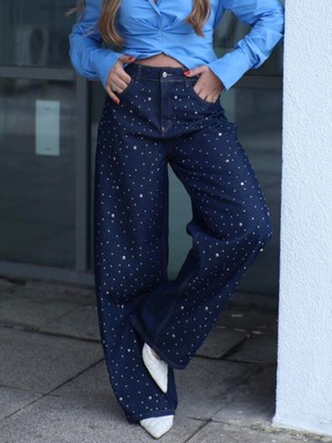 Mery Mery Boutique Parlak Zımbalı Taşlı Kot Pantolon Baggy Lacivert Kadın Jean