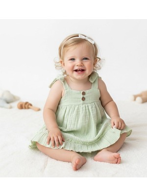 Bebeva Baby Kız Bebek Su Yeşili Müslin Askılı Elbise ve Fırfırlı Külot Takımı