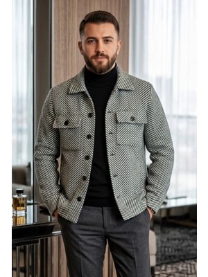 Zueofficial Erkek Kaşe Dokulu Cepli Düğmeli Balıksırtı Desenli Yeşil Çizgili Ceket