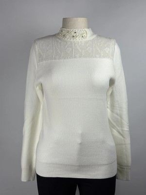 İTHAL Italıan Beyaz Renk Yakası Taşlı Triko Bluz