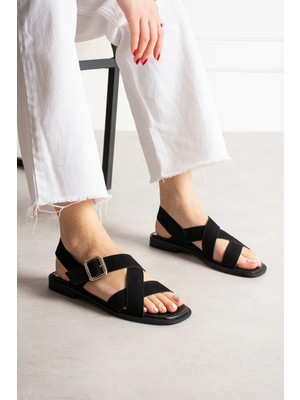 Dicle Polat Kadın Siyah Süet Sandalet Rahat Düz Taban Günlük Yazlık Çapraz Bant Tokalı Javen
