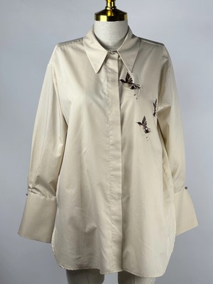 MY312 Bej Renk Arkası Kuş Detaylı Gömlek