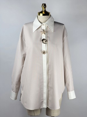 MY312 Bej Renk Aksesuarlı Çizgili Gömlek